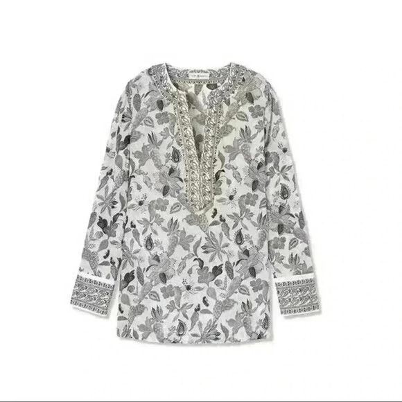 TORY BURCH Embellished Botanical Print Tunic Size 2 Floral Green Tan - Picture 1 of 9